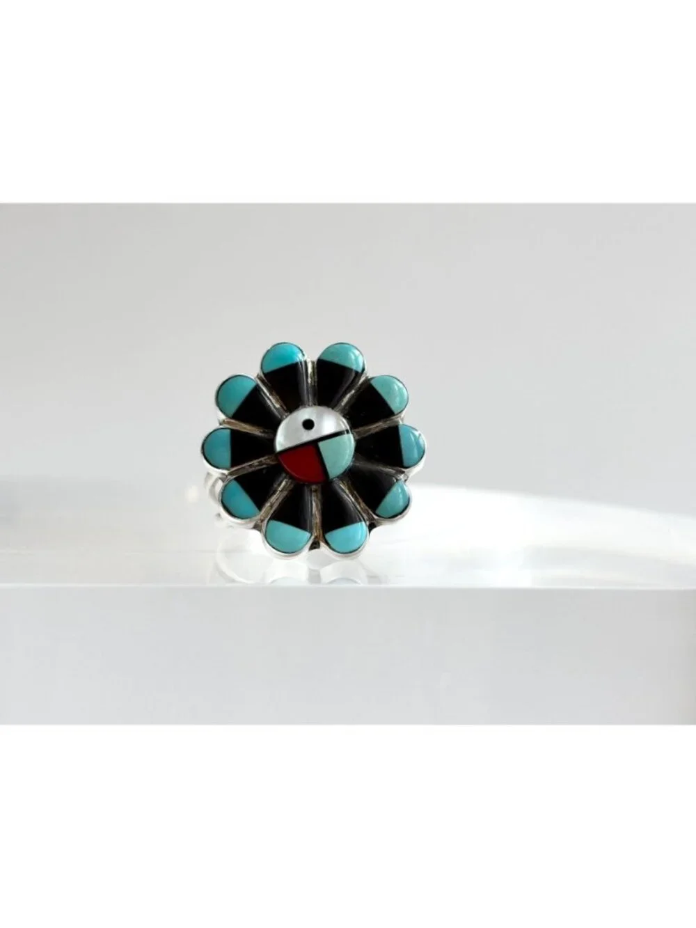 Zuni Sun Face Turquoise, Onyx, MOP & Coral Sterling Silver 925 Vintage Ring sz 6